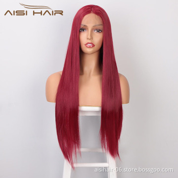 Aisi Hair New Design Long Silky Straight Red Color Wig Heat Swiss Lace Front Wig Middle Part Lace Frontal Wigs For Women